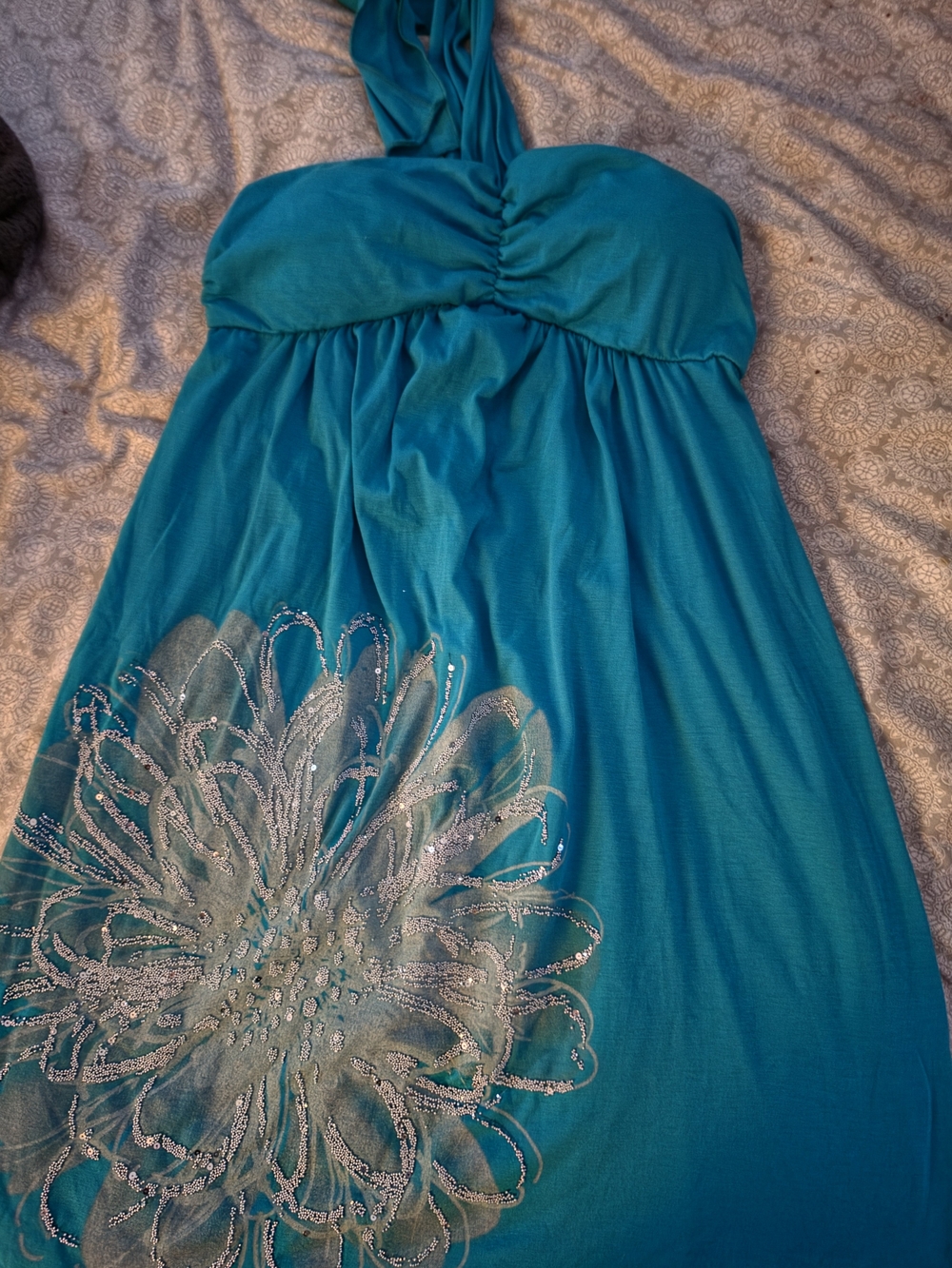Vanity Teal Halter  Dress with Sparkle Floral Detail
